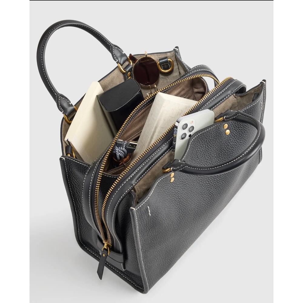 NEW Quince Italian Leather Medium Convertible Satchel Bag Black Brown Handles - Picture 3 of 16